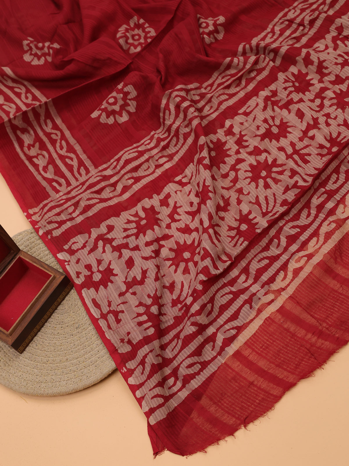 Red and Beige Cotton Dress Material With Allover Batik Prints and Bottom & Dupatta