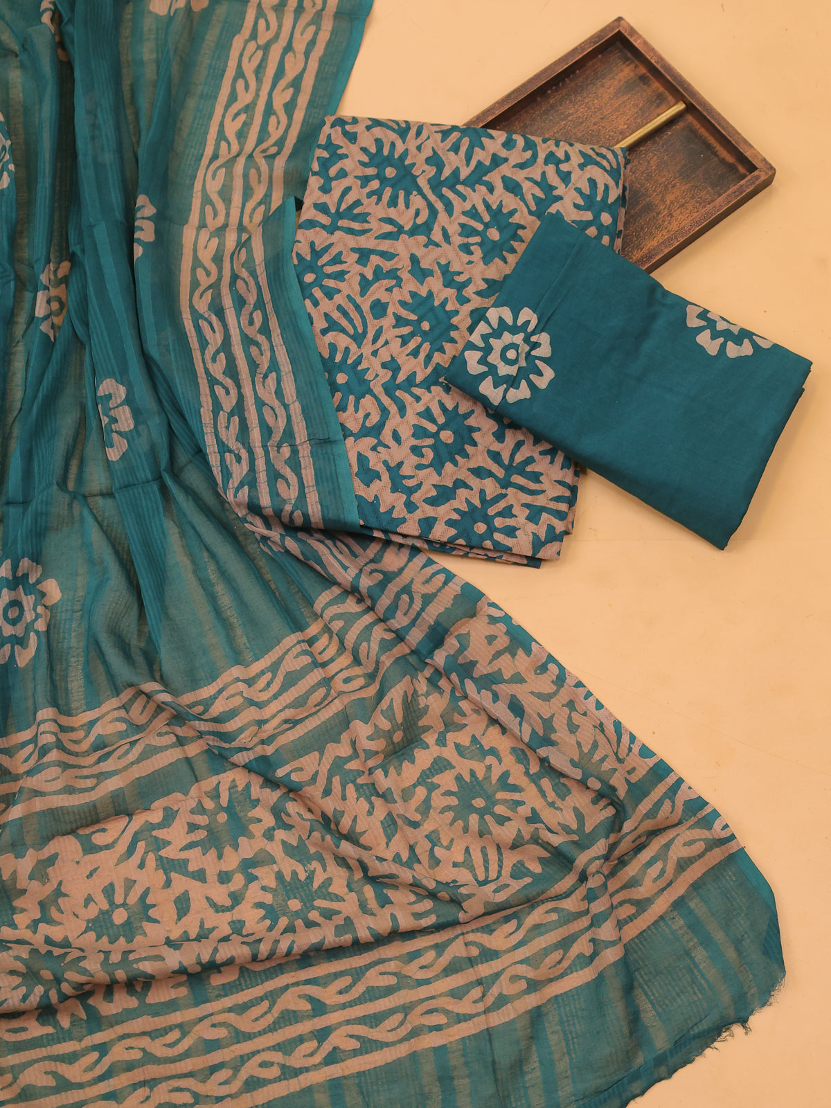 Green and Beige Cotton Dress Material With Allover Batik Prints and Bottom & Dupatta