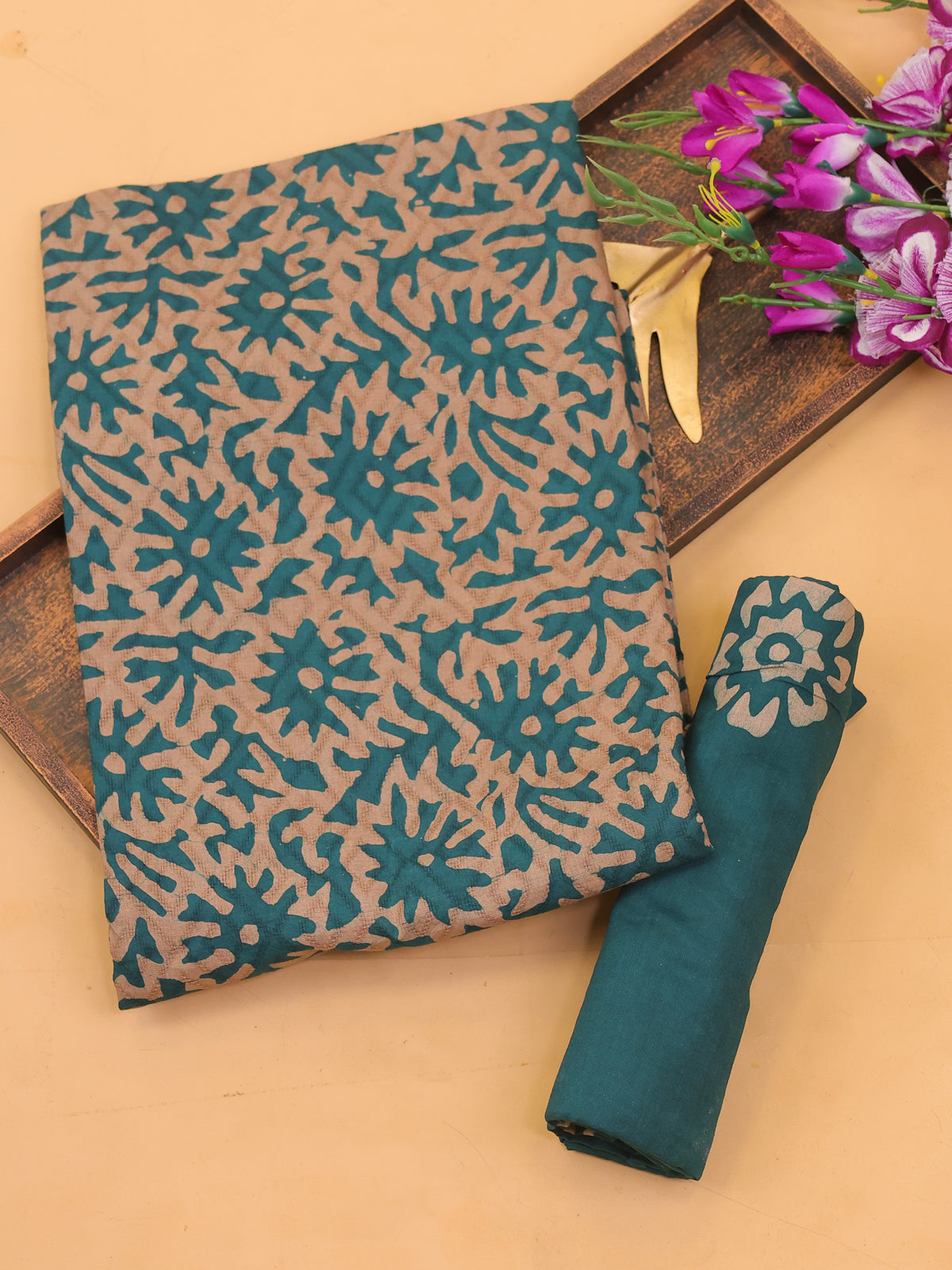 Green and Beige Cotton Dress Material With Allover Batik Prints and Bottom & Dupatta