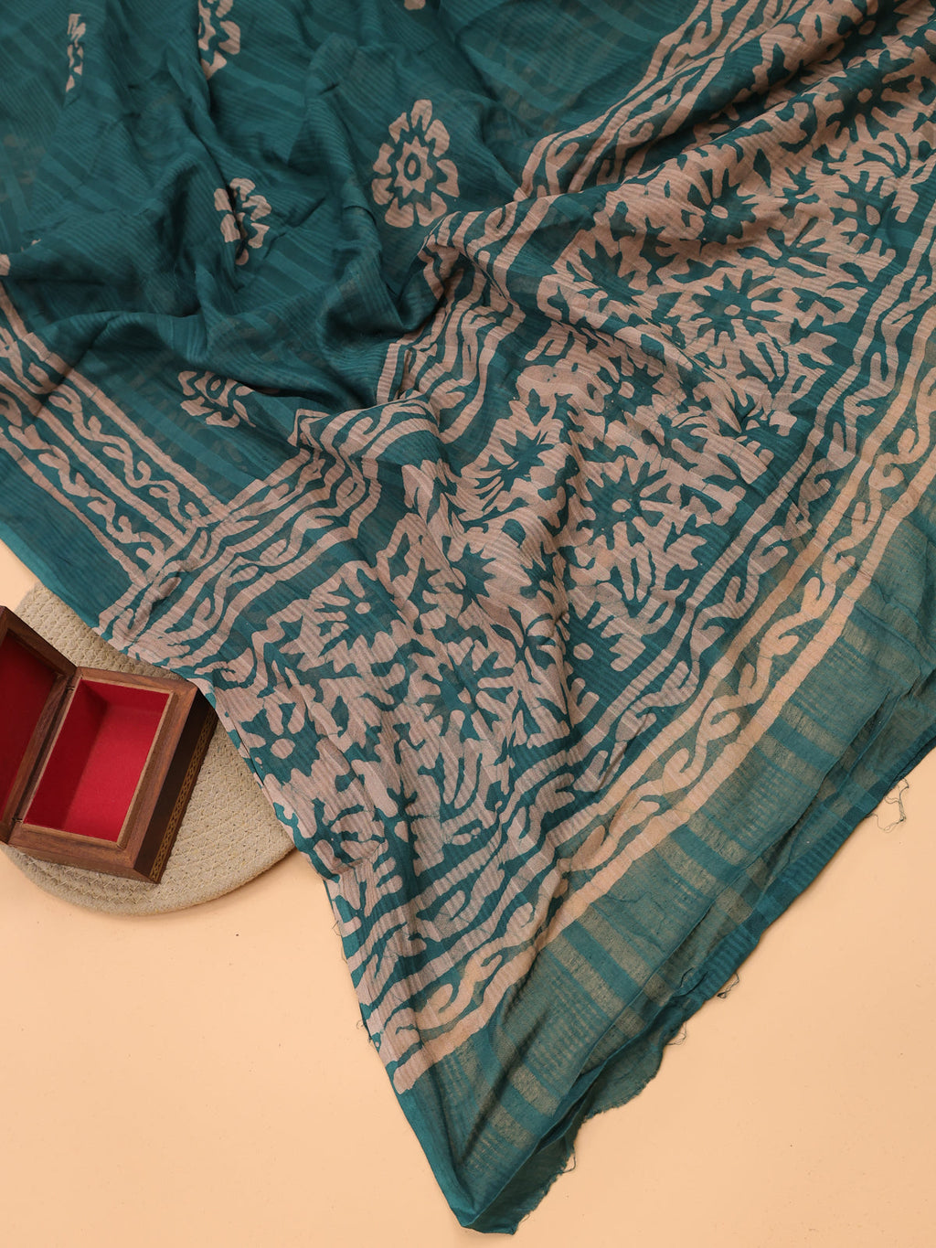 Green and Beige Cotton Dress Material With Allover Batik Prints and Bottom & Dupatta