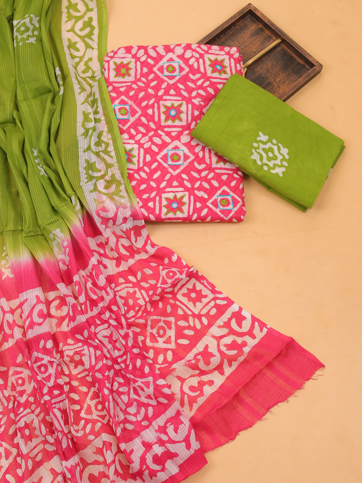 Pink and Off White Cotton Dress Material With Allover Batik Prints and Bottom & Dupatta