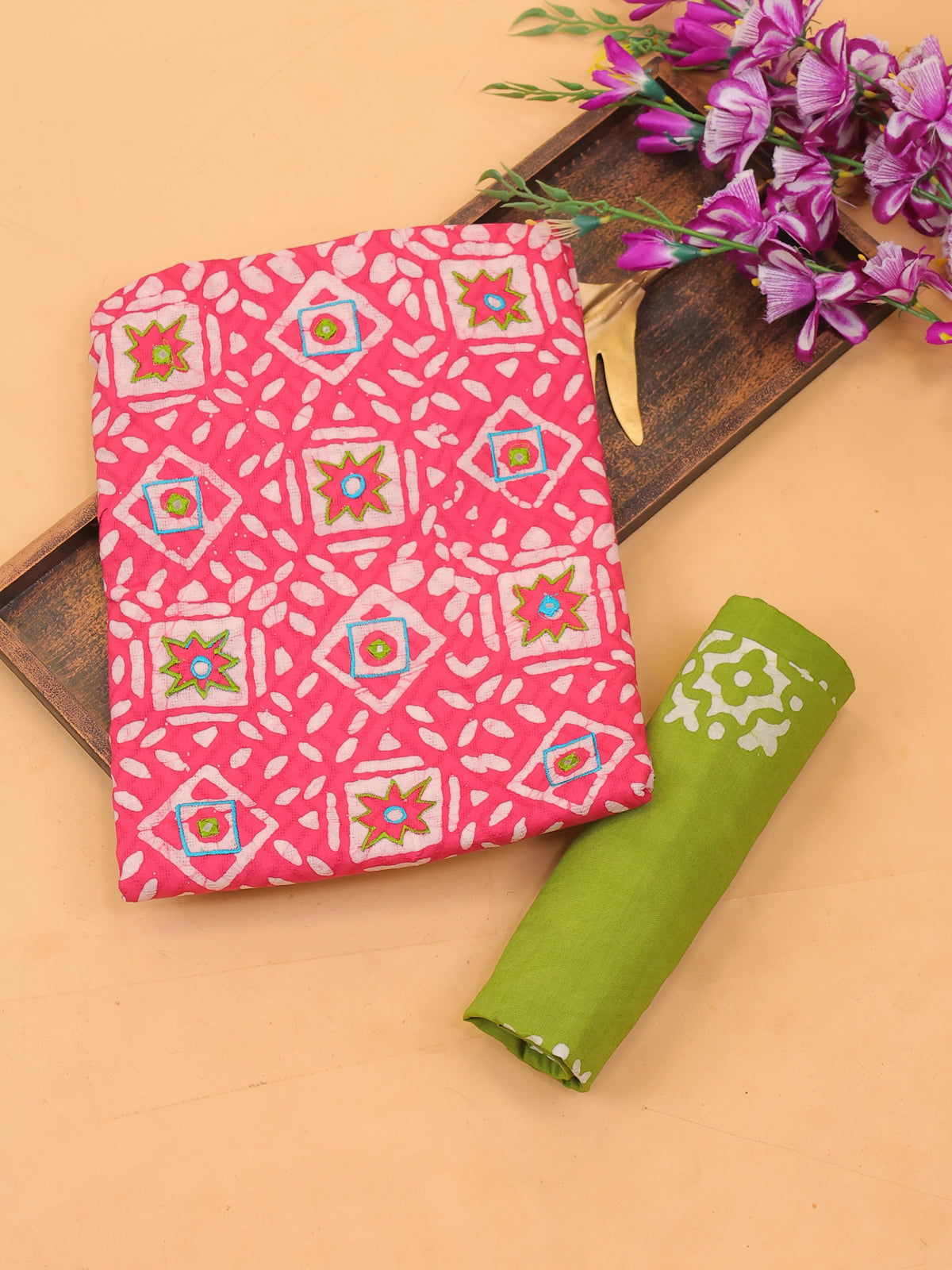 Pink and Off White Cotton Dress Material With Allover Batik Prints and Bottom & Dupatta