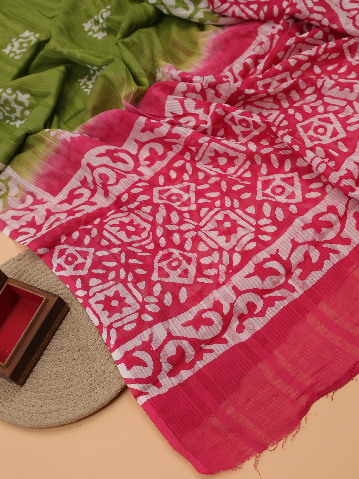 Pink and Off White Cotton Dress Material With Allover Batik Prints and Bottom & Dupatta