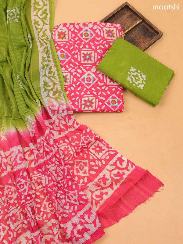 Pink and Off White Cotton Dress Material With Allover Batik Prints and Bottom & Dupatta