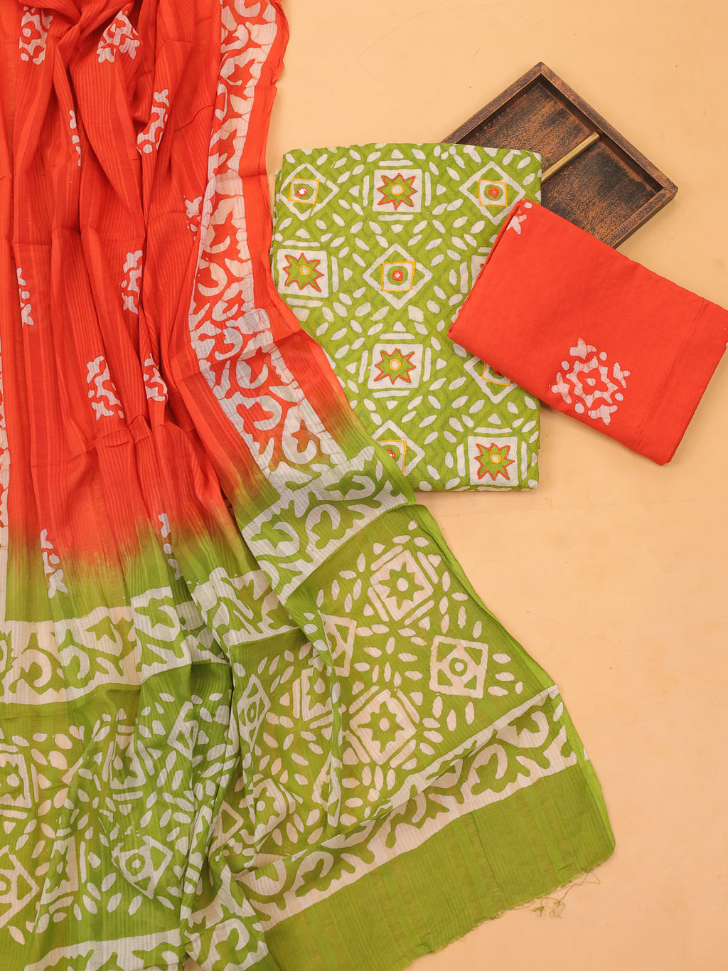 Green and Off White Cotton Dress Material With Allover Batik Prints and Bottom & Dupatta