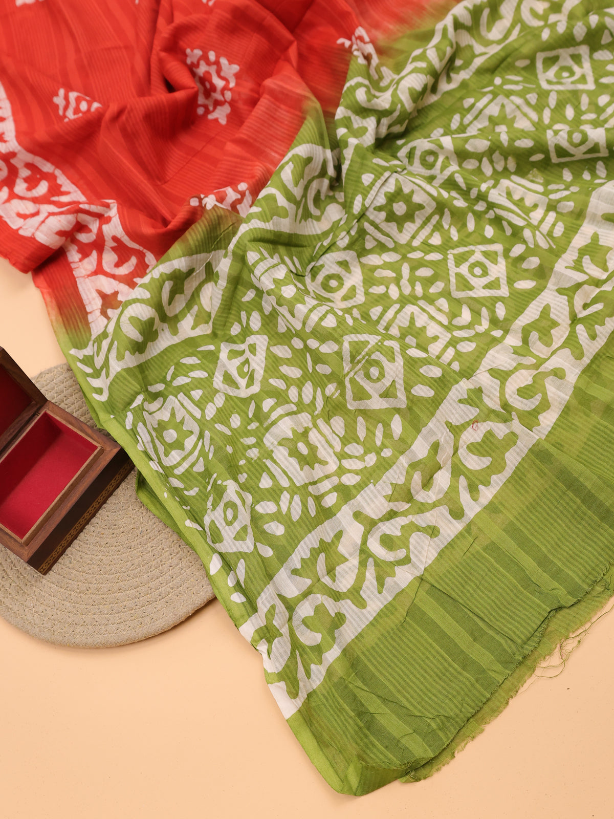 Green and Off White Cotton Dress Material With Allover Batik Prints and Bottom & Dupatta