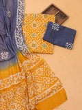 Yellow and Off White Cotton Dress Material With Allover Batik Prints and Bottom & Dupatta