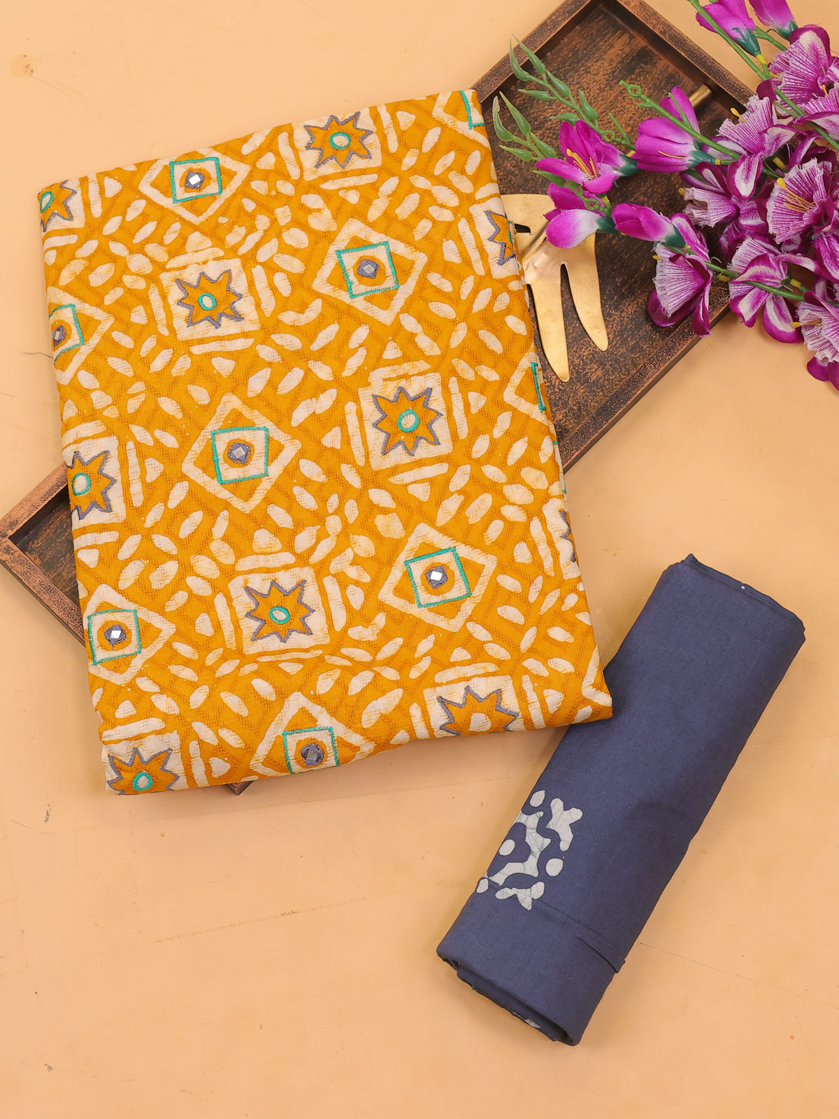 Yellow and Off White Cotton Dress Material With Allover Batik Prints and Bottom & Dupatta