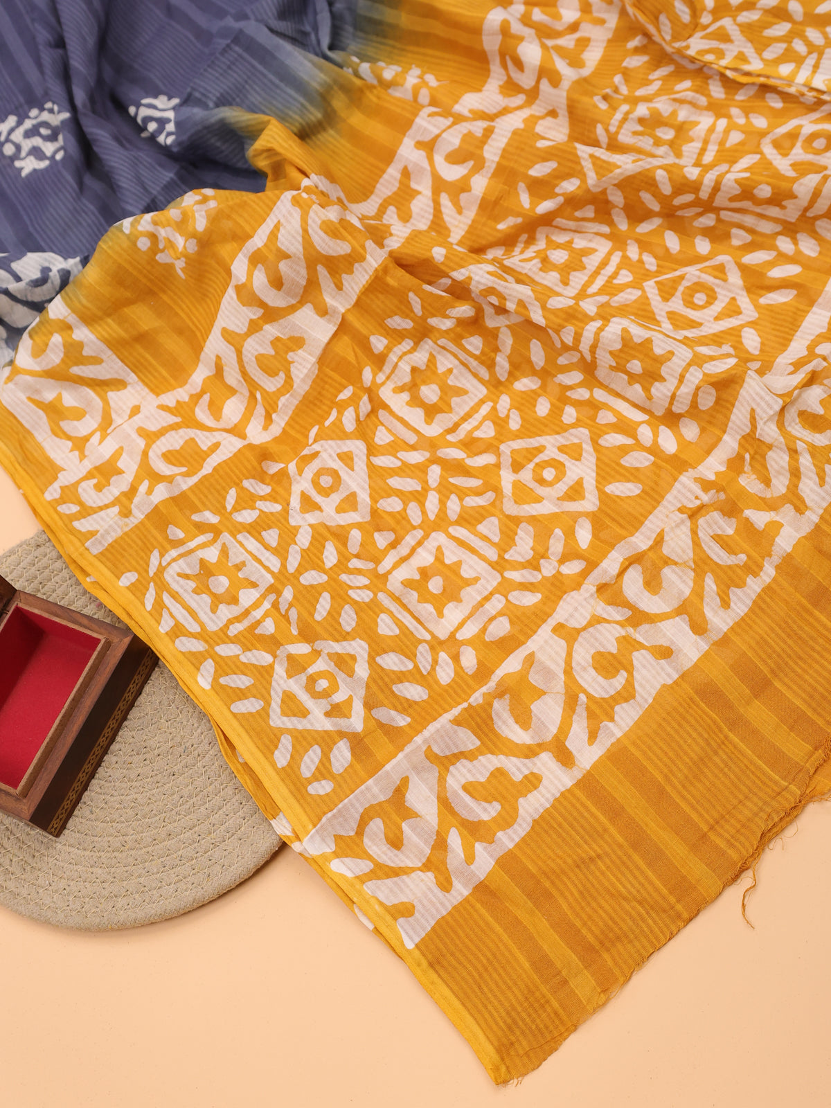 Yellow and Off White Cotton Dress Material With Allover Batik Prints and Bottom & Dupatta