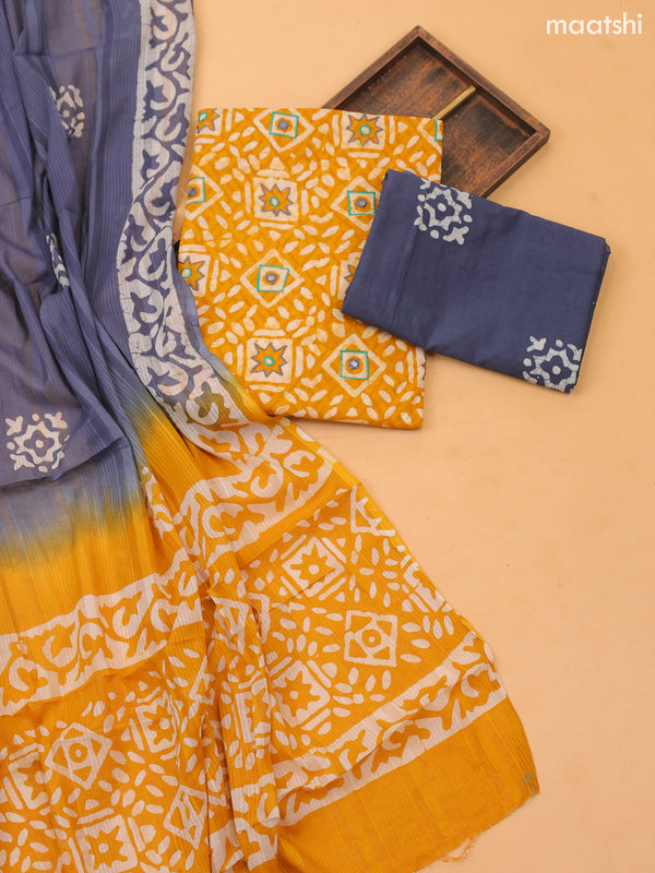Yellow and Off White Cotton Dress Material With Allover Batik Prints and Bottom & Dupatta