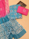 Teal Blue and Off White Cotton Dress Material With Allover Batik Prints and Bottom & Dupatta