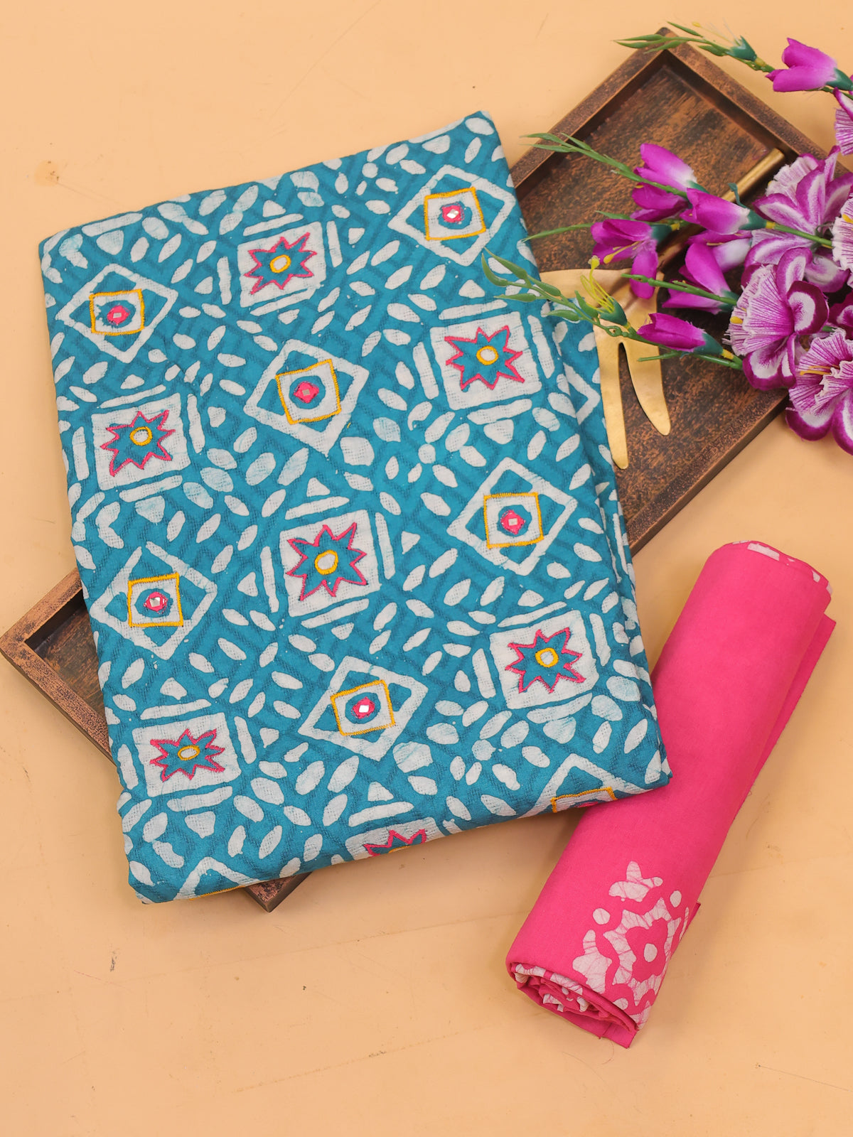 Teal Blue and Off White Cotton Dress Material With Allover Batik Prints and Bottom & Dupatta