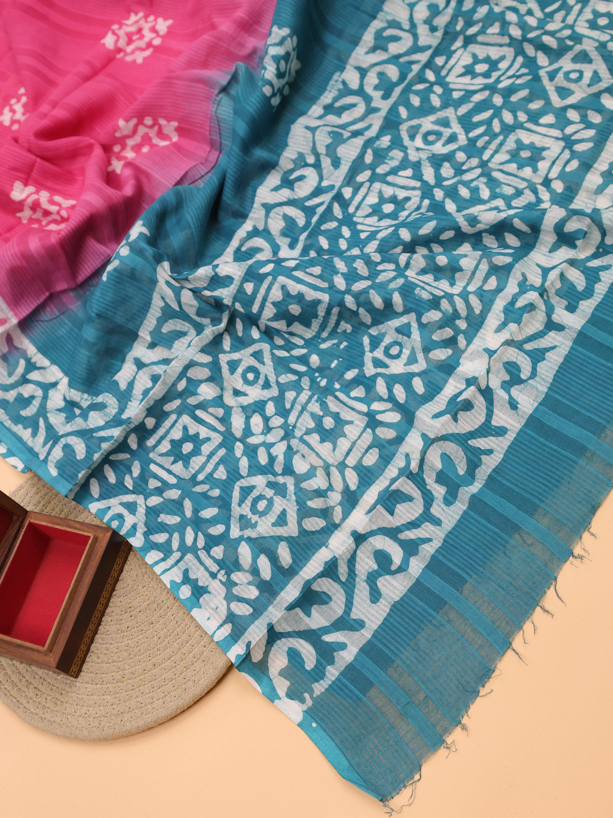 Teal Blue and Off White Cotton Dress Material With Allover Batik Prints and Bottom & Dupatta