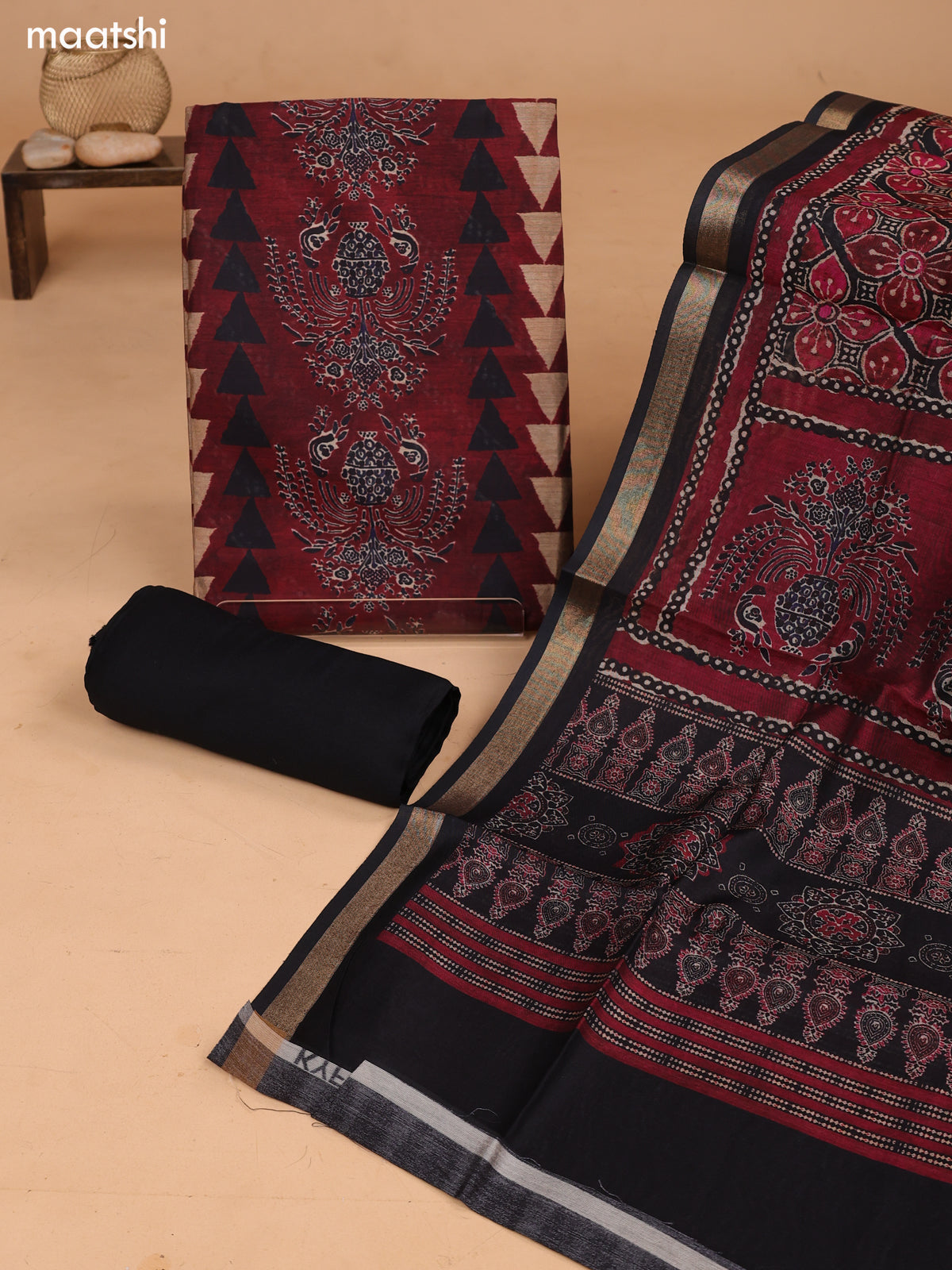 Maroon and Black Art Tussar Dress Material With Allover Prints and Bottom & Dupatta