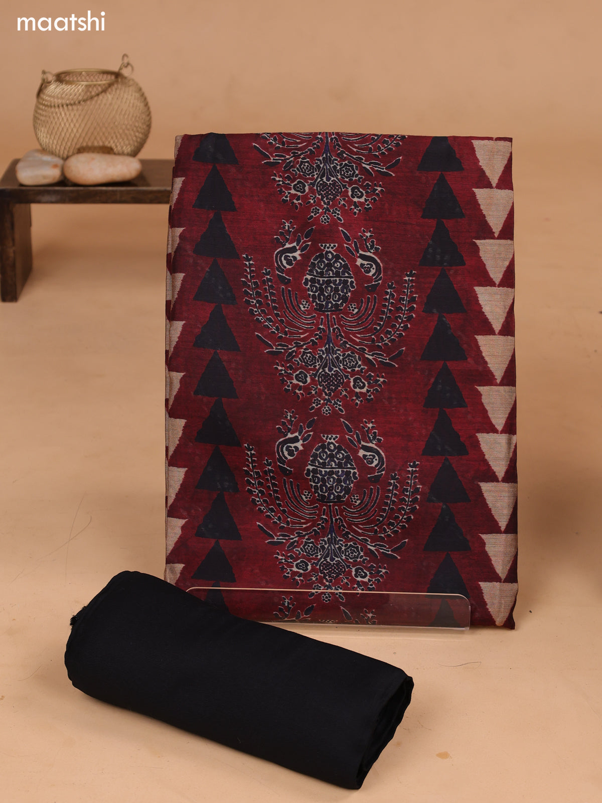 Maroon and Black Art Tussar Dress Material With Allover Prints and Bottom & Dupatta