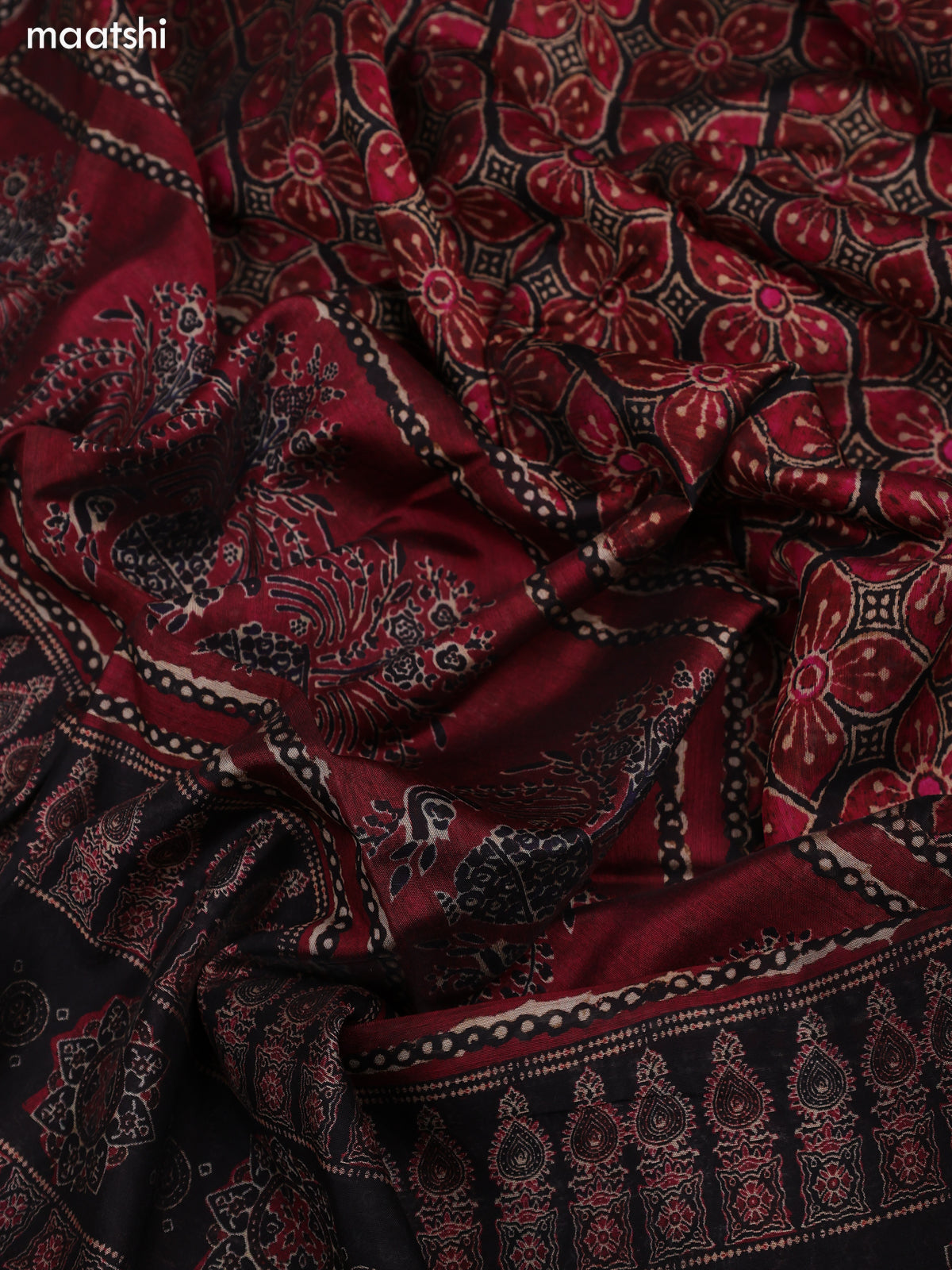Maroon and Black Art Tussar Dress Material With Allover Prints and Bottom & Dupatta