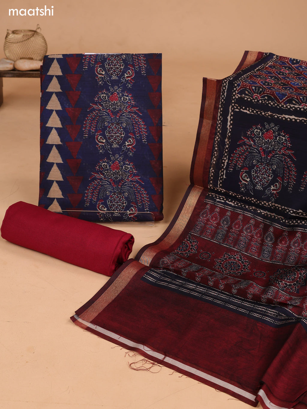 Blue and Maroon Art Tussar Dress Material With Allover Prints and Bottom & Dupatta
