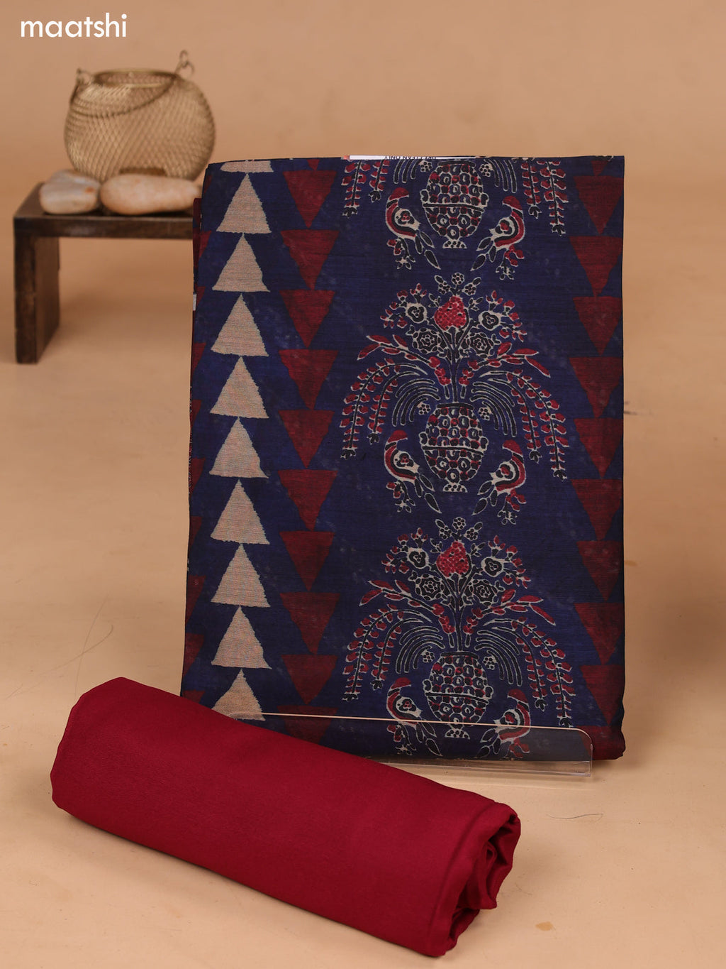 Blue and Maroon Art Tussar Dress Material With Allover Prints and Bottom & Dupatta