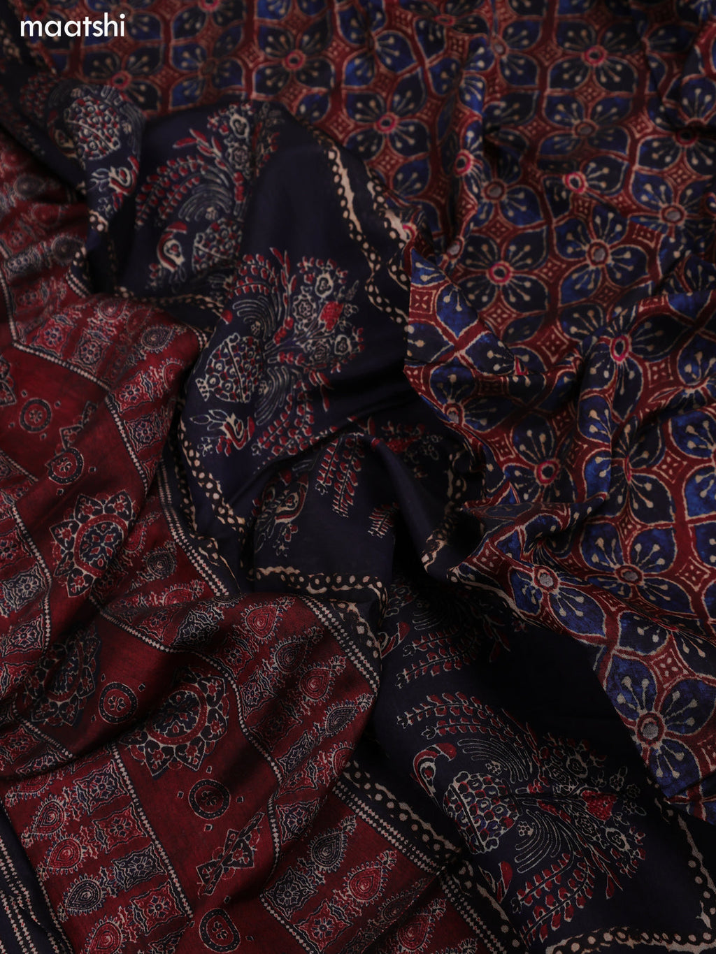 Blue and Maroon Art Tussar Dress Material With Allover Prints and Bottom & Dupatta