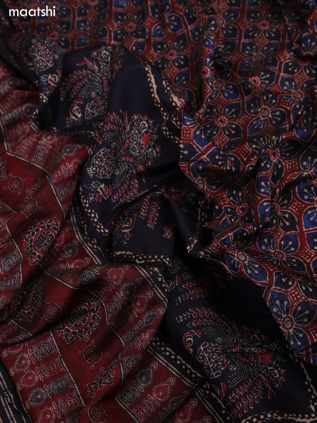 Blue and Maroon Art Tussar Dress Material With Allover Prints and Bottom & Dupatta