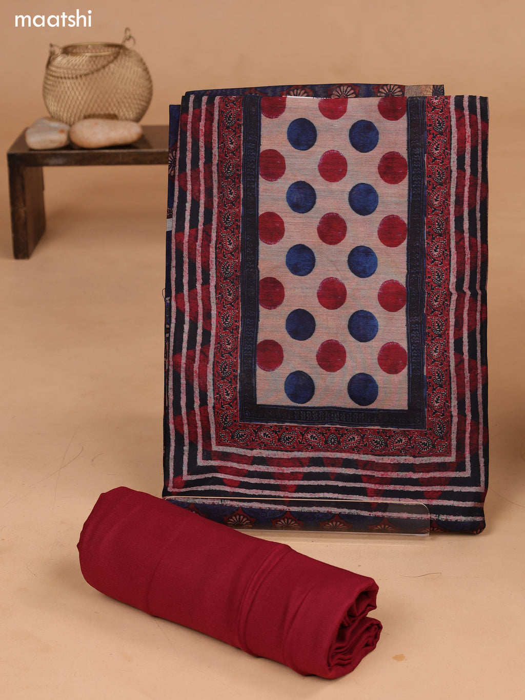 Blue and Maroon Art Tussar Dress Material With Allover Prints and Bottom & Dupatta