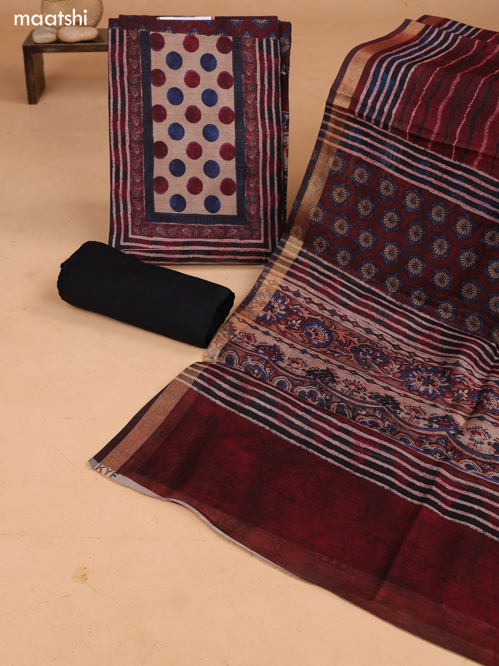 Maroon and Blue Art Tussar Dress Material With Allover Prints and Bottom & Dupatta