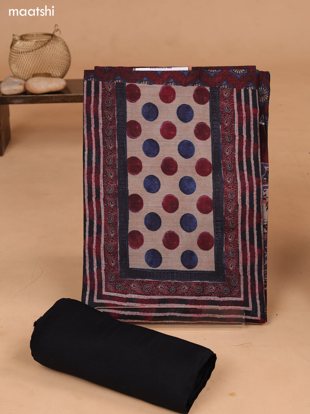 Maroon and Blue Art Tussar Dress Material With Allover Prints and Bottom & Dupatta