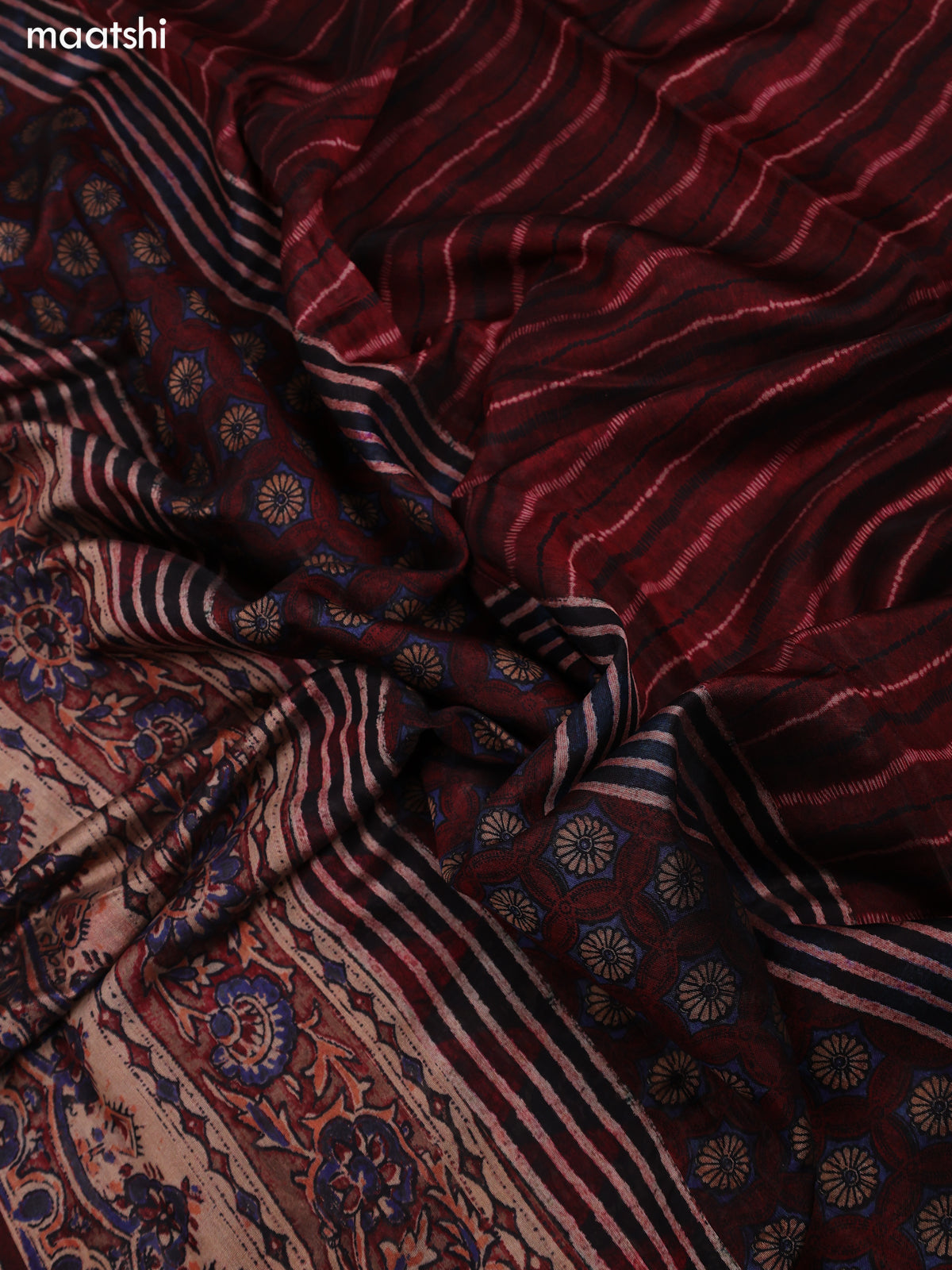 Maroon and Blue Art Tussar Dress Material With Allover Prints and Bottom & Dupatta