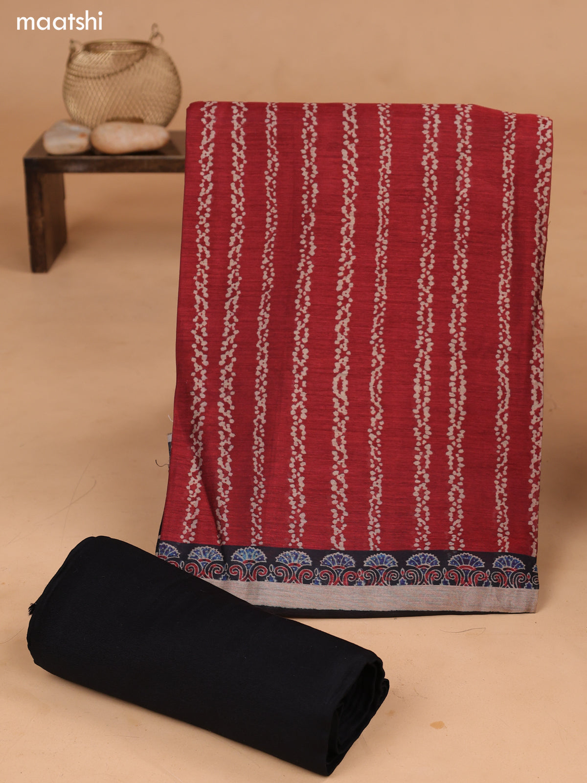 Maroon and Black Art Tussar Dress Material With Allover Prints and Bottom & Dupatta