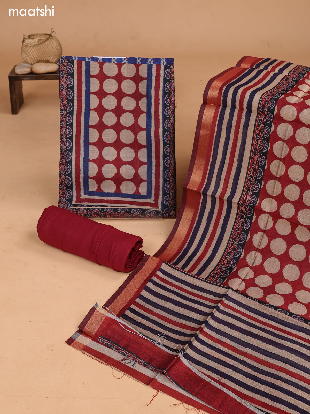 Blue and Maroon Art Tussar Dress Material With Allover Prints and Bottom & Dupatta