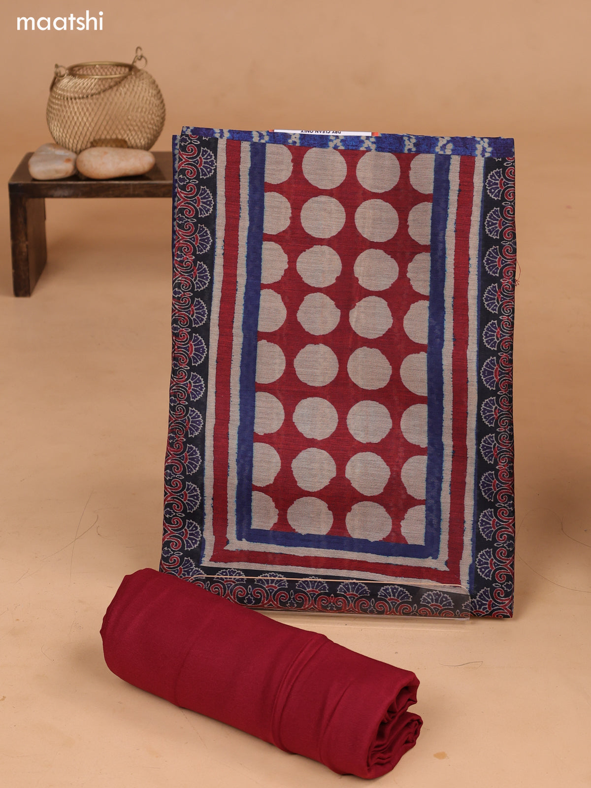 Blue and Maroon Art Tussar Dress Material With Allover Prints and Bottom & Dupatta