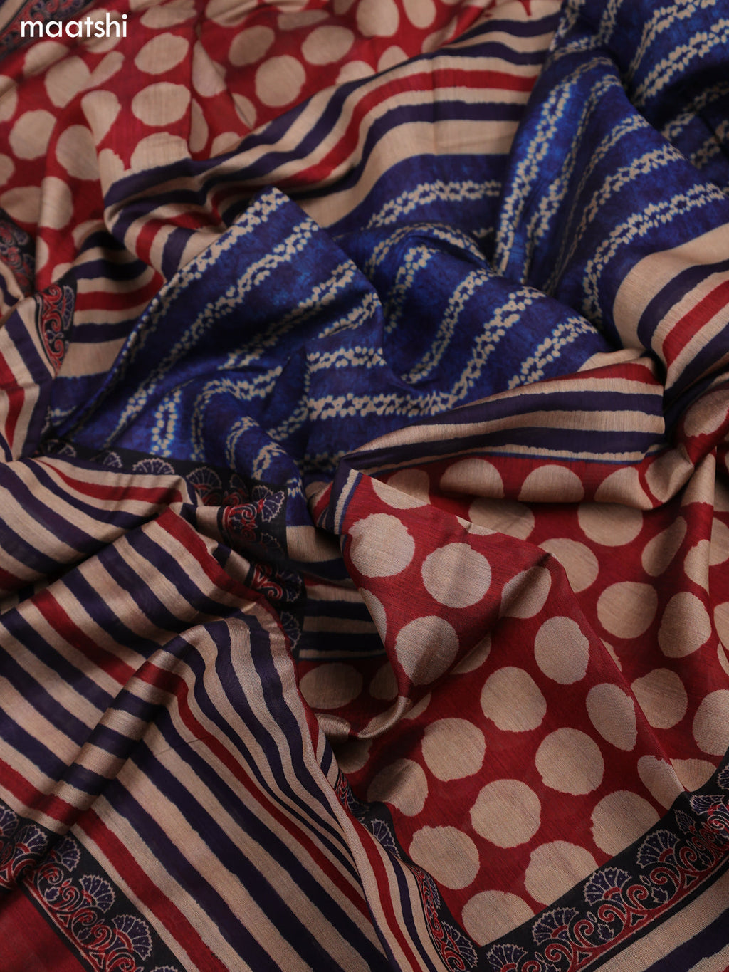Blue and Maroon Art Tussar Dress Material With Allover Prints and Bottom & Dupatta