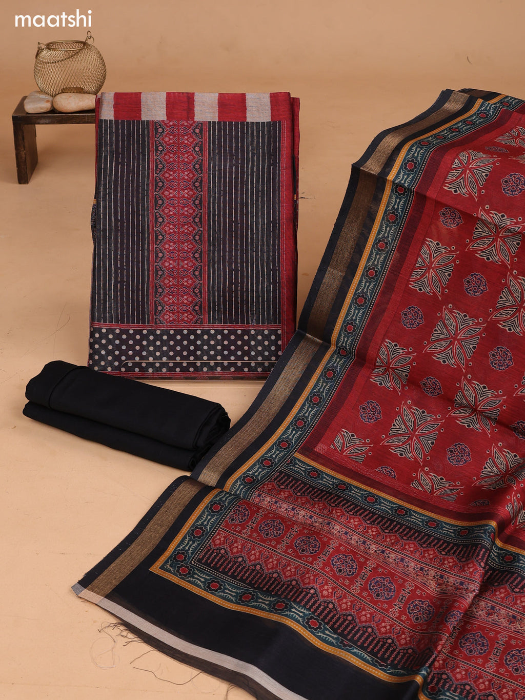 Black and Maroon Art Tussar Dress Material With Allover Prints and Bottom & Dupatta