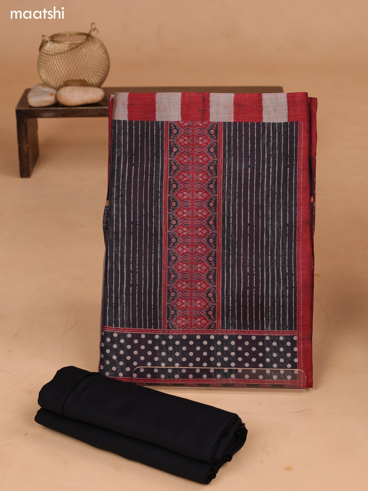 Black and Maroon Art Tussar Dress Material With Allover Prints and Bottom & Dupatta