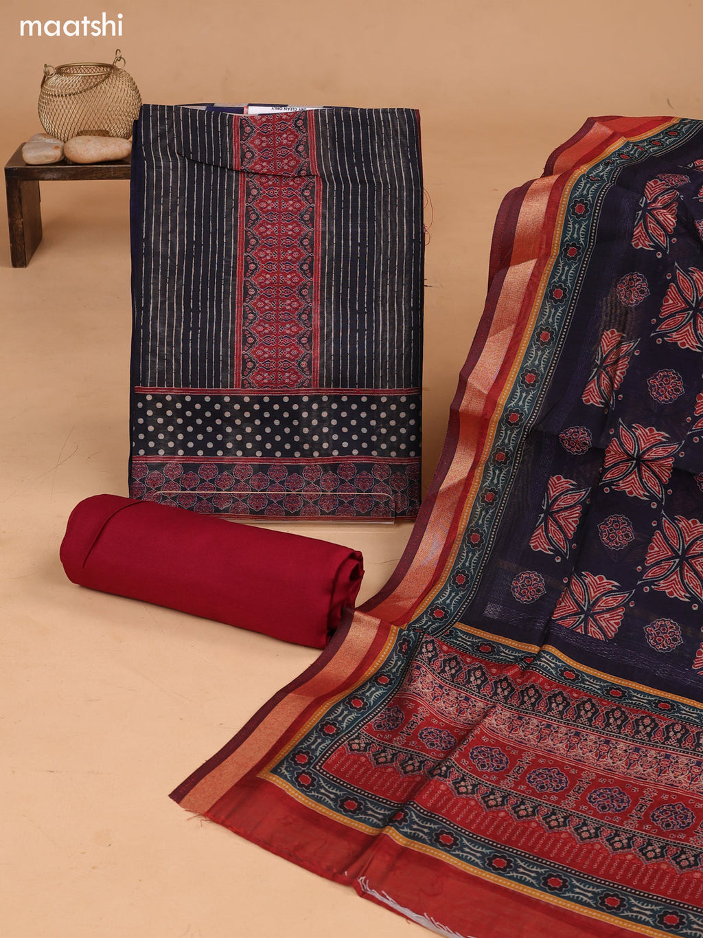 Blue and Maroon Art Tussar Dress Material With Allover Prints and Bottom & Dupatta