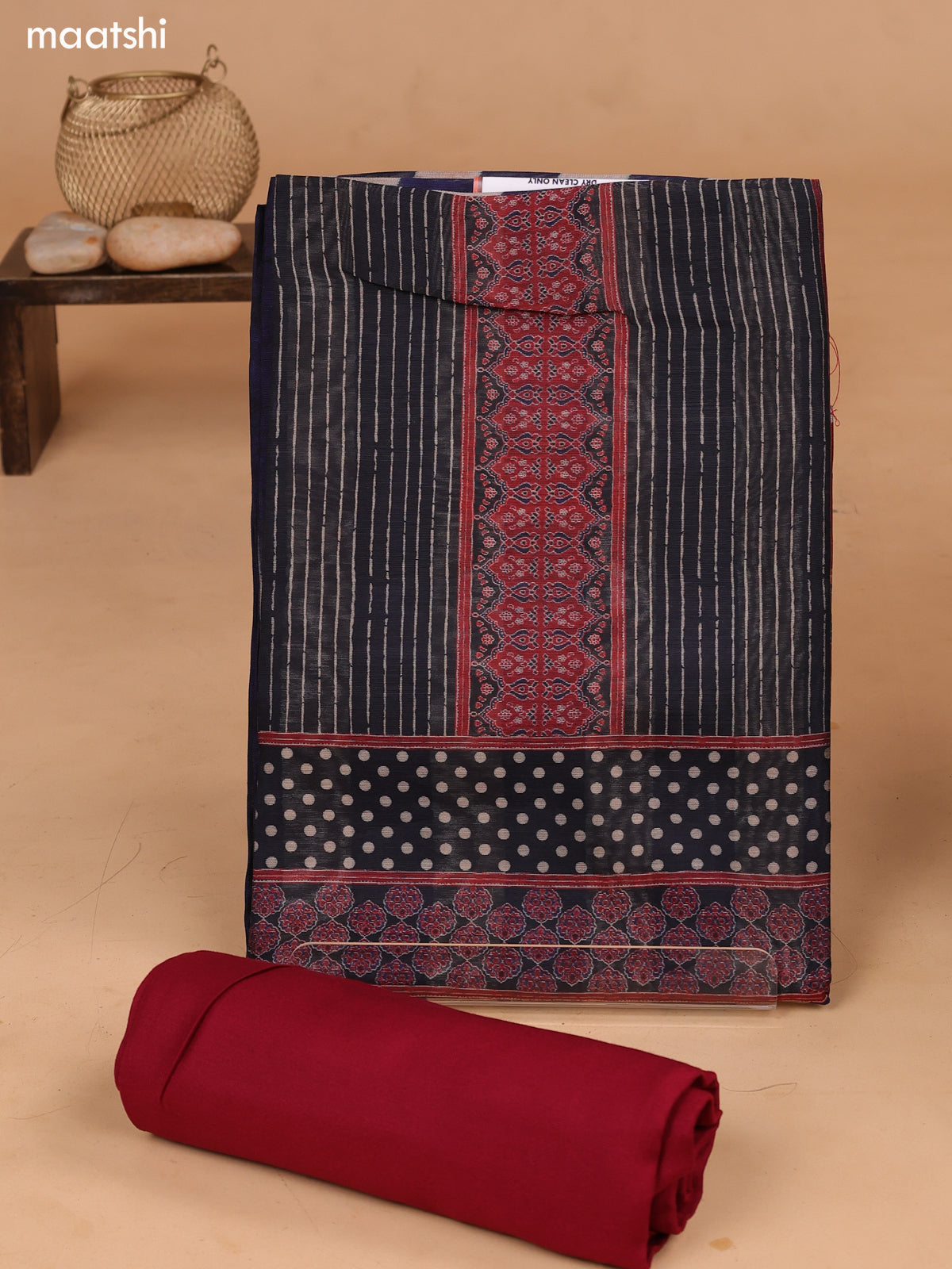 Blue and Maroon Art Tussar Dress Material With Allover Prints and Bottom & Dupatta