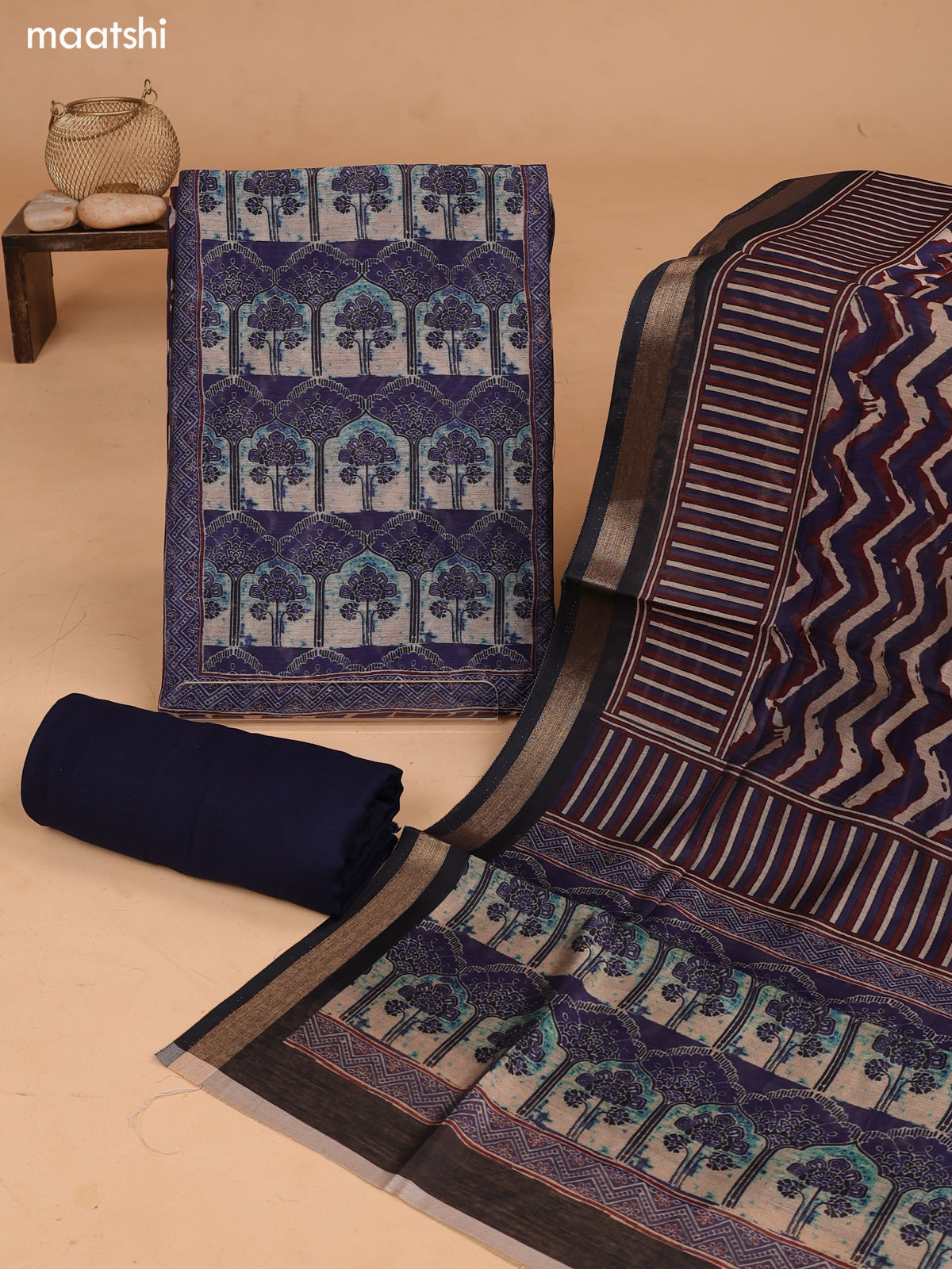 Blue and Maroon Art Tussar Dress Material With Allover Prints and Bottom & Dupatta
