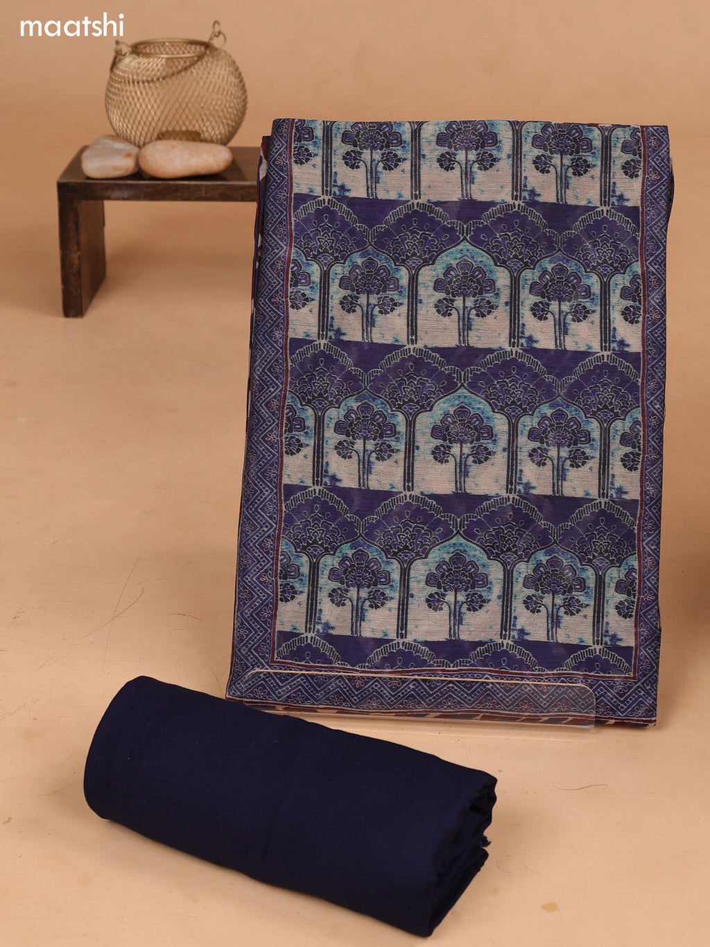 Blue and Maroon Art Tussar Dress Material With Allover Prints and Bottom & Dupatta