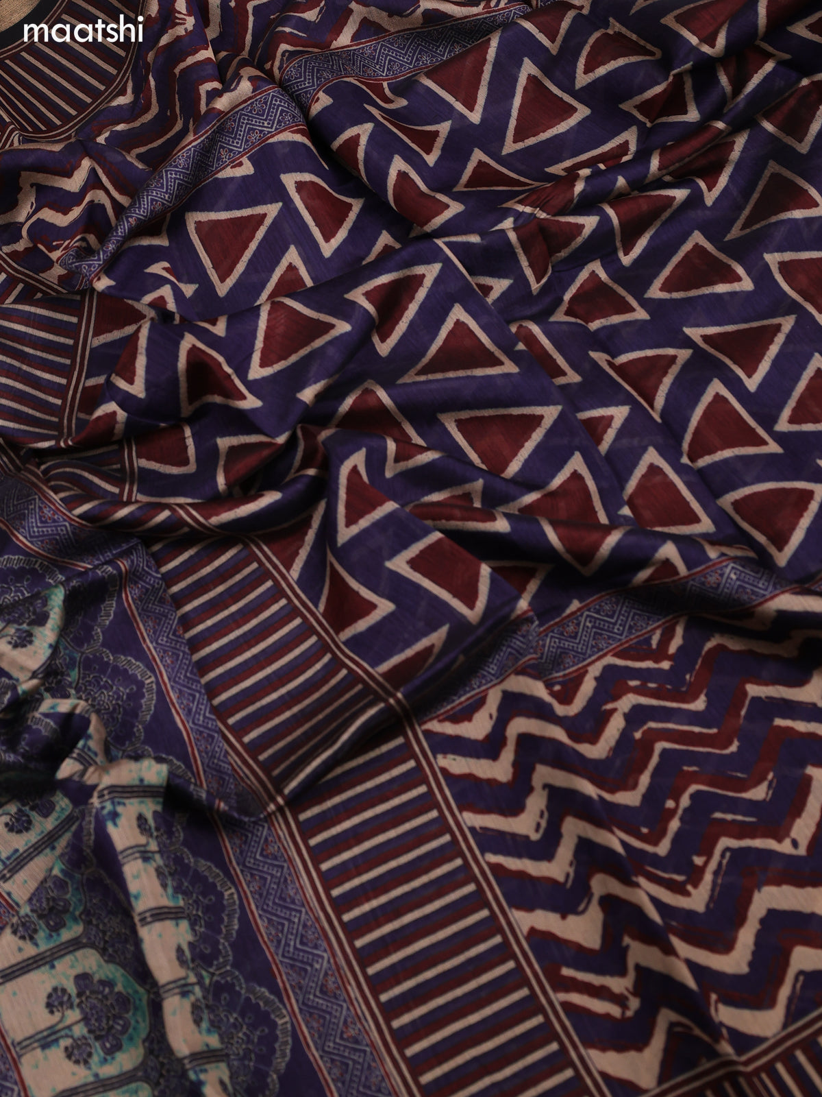 Blue and Maroon Art Tussar Dress Material With Allover Prints and Bottom & Dupatta