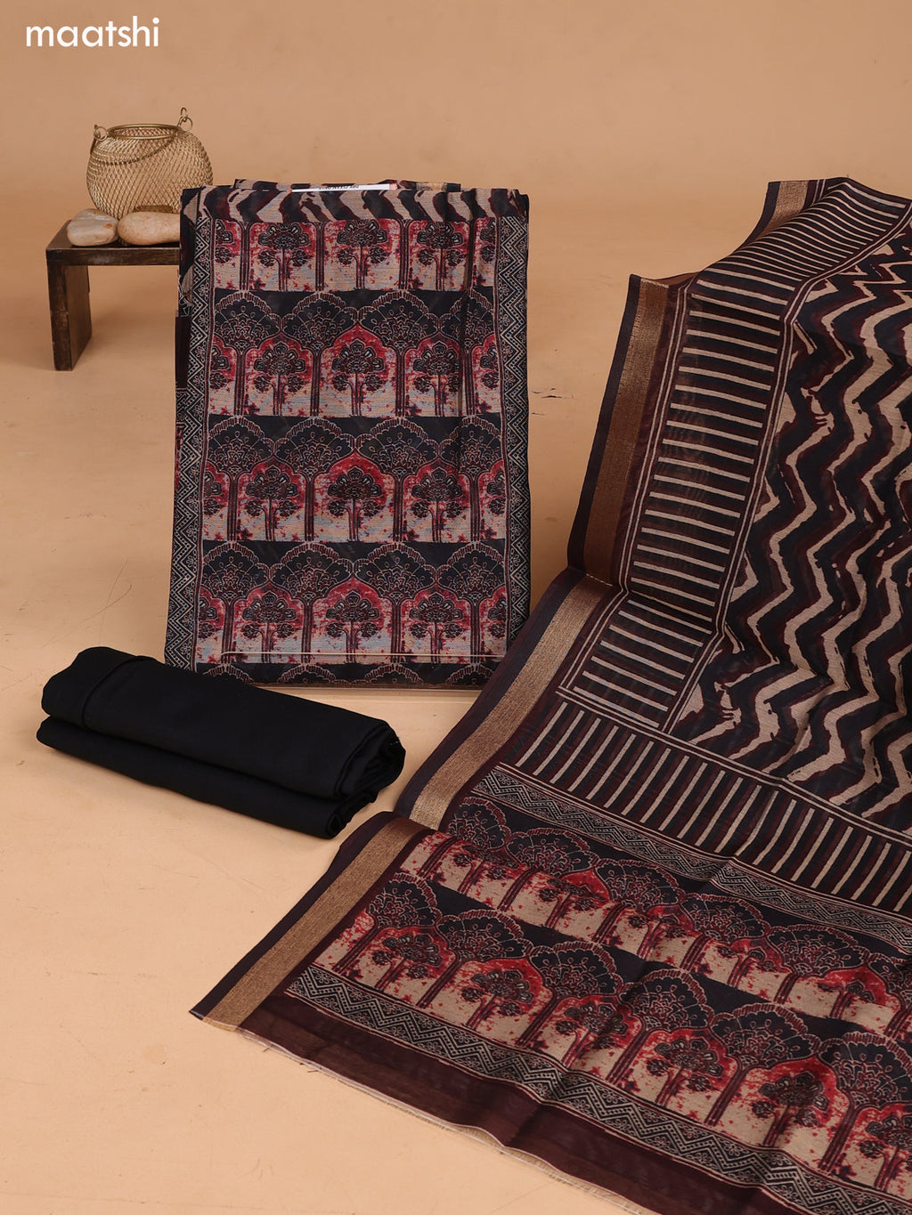 Brown and Black Art Tussar Dress Material With Allover Prints and Bottom & Dupatta