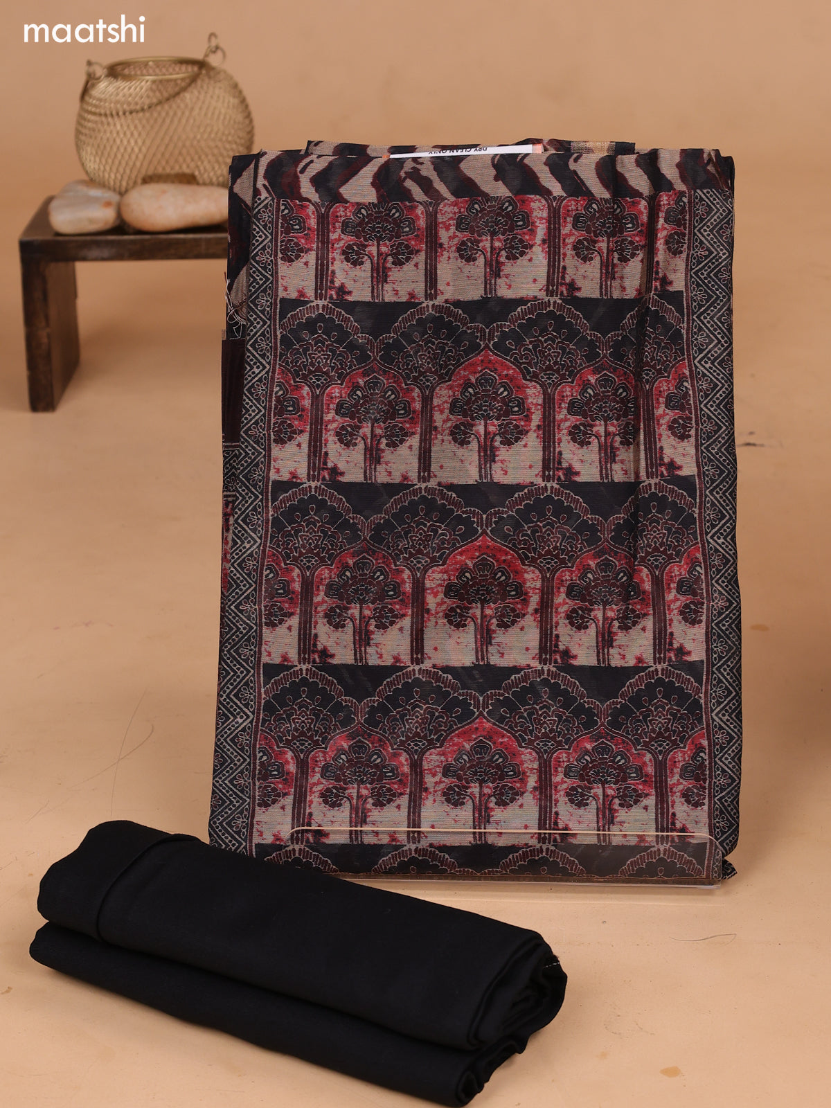 Brown and Black Art Tussar Dress Material With Allover Prints and Bottom & Dupatta