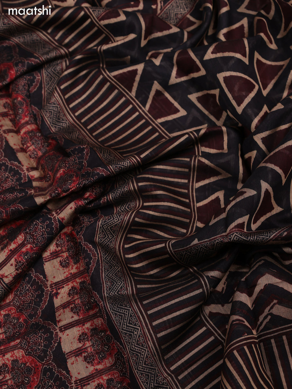 Brown and Black Art Tussar Dress Material With Allover Prints and Bottom & Dupatta