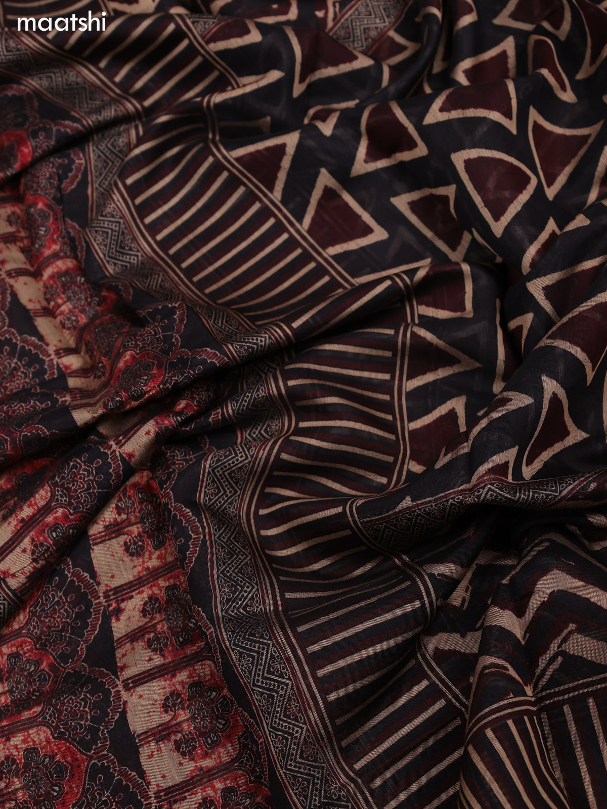 Brown and Black Art Tussar Dress Material With Allover Prints and Bottom & Dupatta