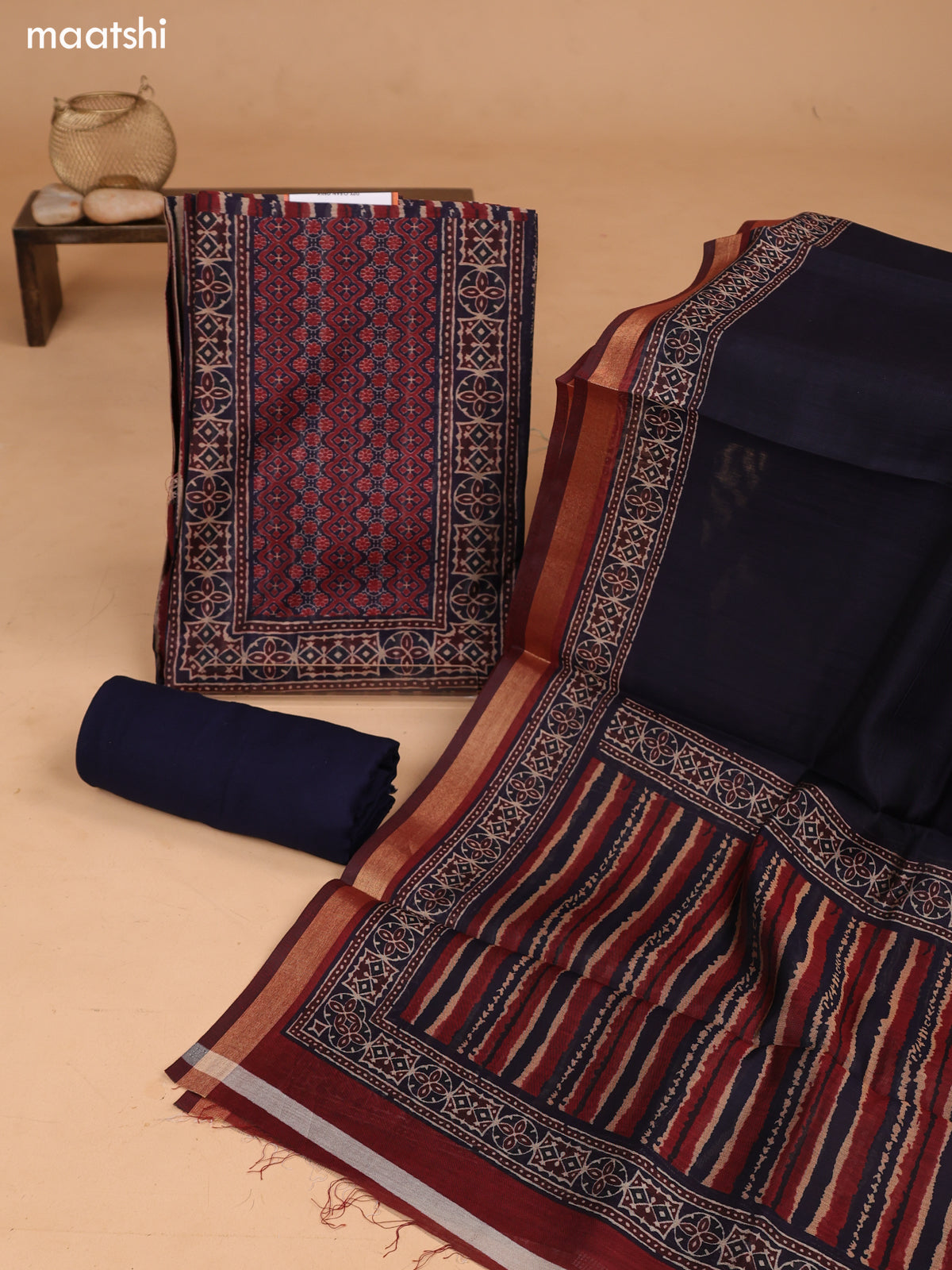 Blue and Maroon Art Tussar Dress Material With Allover Ajrakh Prints and Bottom & Dupatta