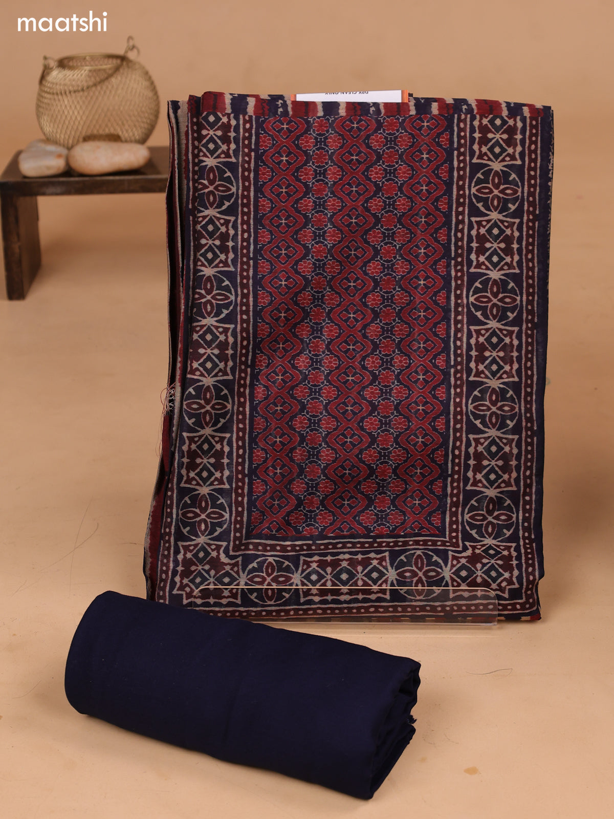 Blue and Maroon Art Tussar Dress Material With Allover Ajrakh Prints and Bottom & Dupatta