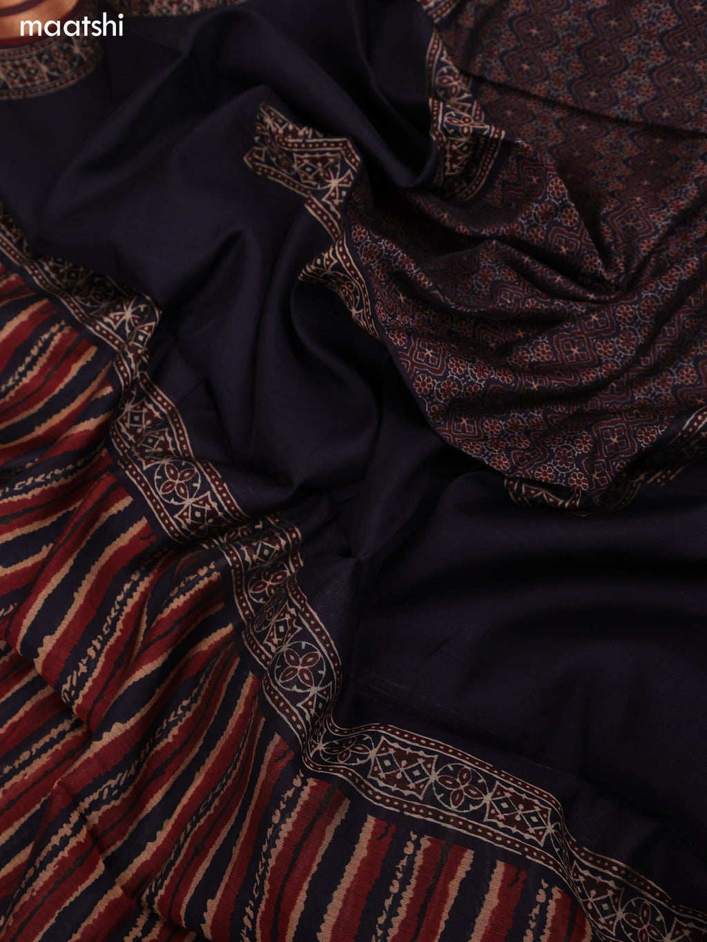 Blue and Maroon Art Tussar Dress Material With Allover Ajrakh Prints and Bottom & Dupatta