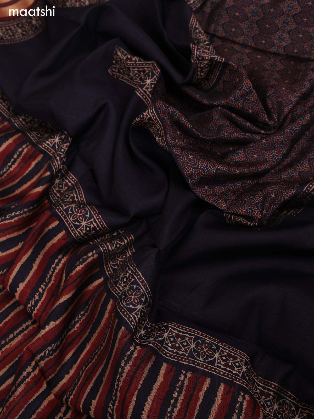 Blue and Maroon Art Tussar Dress Material With Allover Ajrakh Prints and Bottom & Dupatta