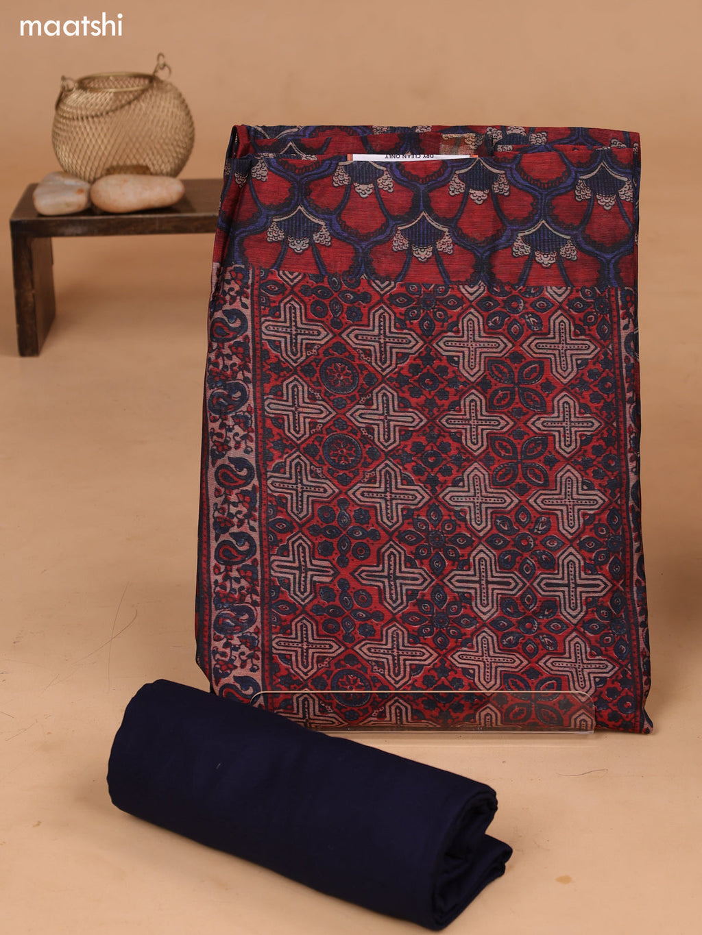 Maroon and Blue Art Tussar Dress Material With Allover Floral Prints and Bottom & Dupatta