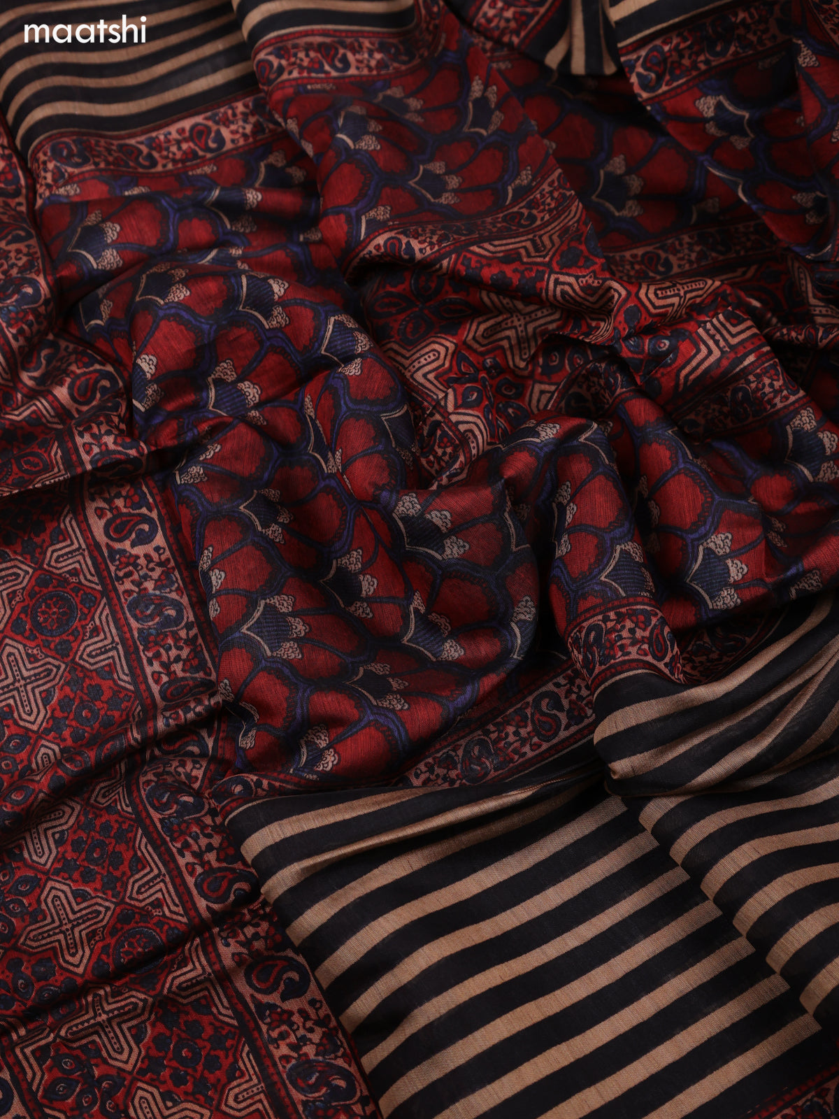 Maroon and Blue Art Tussar Dress Material With Allover Floral Prints and Bottom & Dupatta