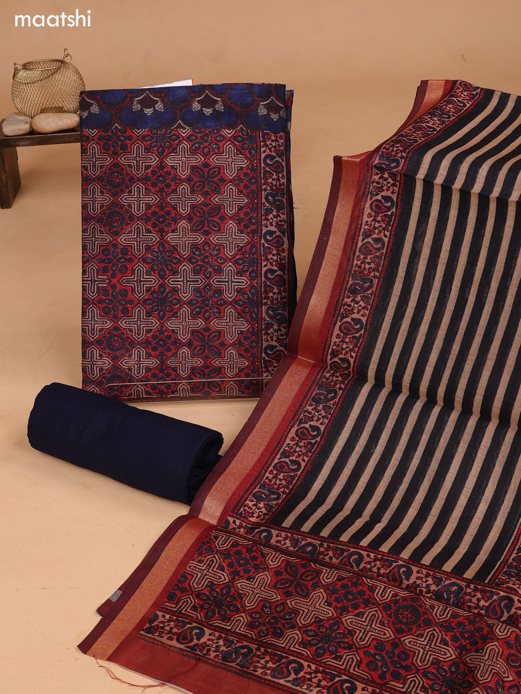 Blue and Maroon Art Tussar Dress Material With Allover Floral Prints and Bottom & Dupatta